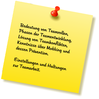 Bedeutung von Teamrollen, Phasen der Teamentwicklung, Lsung von Teamkonflikten, Kenntnisse ber Mobbing und dessen Prvention.  Einstellungen und Haltungen zur Teamarbeit.